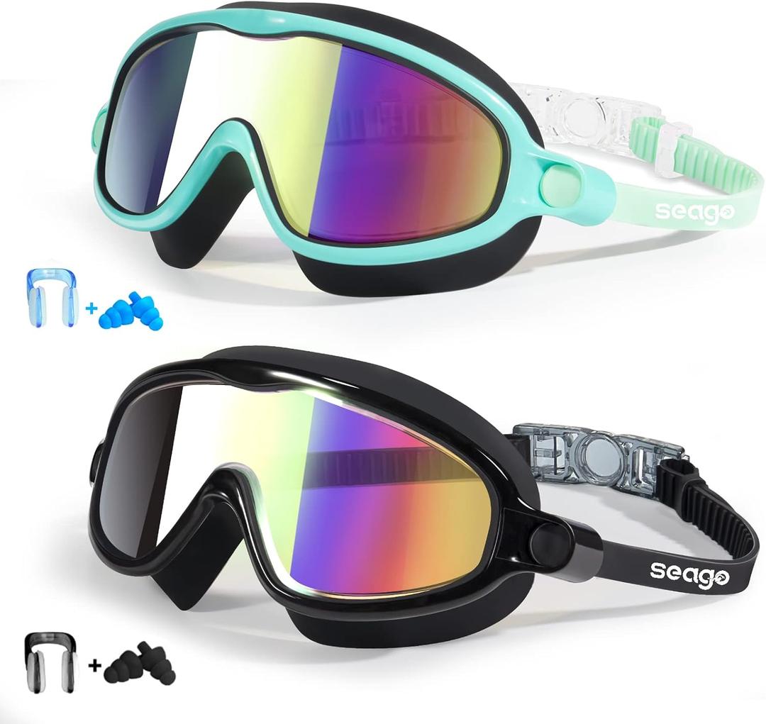 Seago Swim Goggles 2 Pack Anti-Fog Anti-UV Wide View Swimming Goggles for Kids 3-14