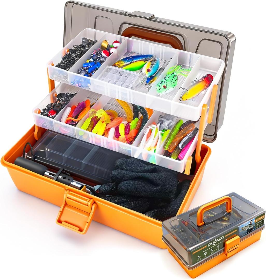 Large 3-Layer Fishing Tackle Box with Tackle Included, All-in-One 417 Pcs Fishing Lures Kit with Small 2-Sided Box & Gloves for Anglers, Complete Freshwater Bass Fishing Gear, Gift for Men
