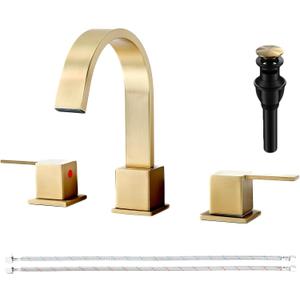 Brushed Gold Bathroom Faucet 3 Hole, VAPSINT 8 Inch Widespread Waterfall 3 Piece Bathroom Sink Faucet, 2 Handle 360 Swivel Spout Vanity Faucets with Pop Up Drain & Supply Hoses, VAP-BY002
