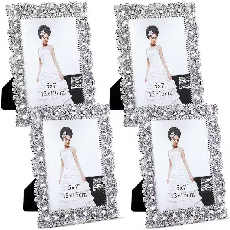 Yookeer 2 Pack 5 x 7 Inch Crystal Picture Frame Resin Wedding Photo Frame Jewel Picture with Rhinestones Photo Gift for Wedding Table Top Desktop Display (Silver)