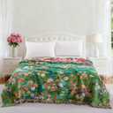 100% Cotton Muslin Floral Blanket, Super Soft Throw Green for Couch, Bed Chair Quilt Travel Blankets, Reversible Jacquard Fall Coverlet, Lightweight Boho Farmhouse Picnic Blanket, 80"x90"