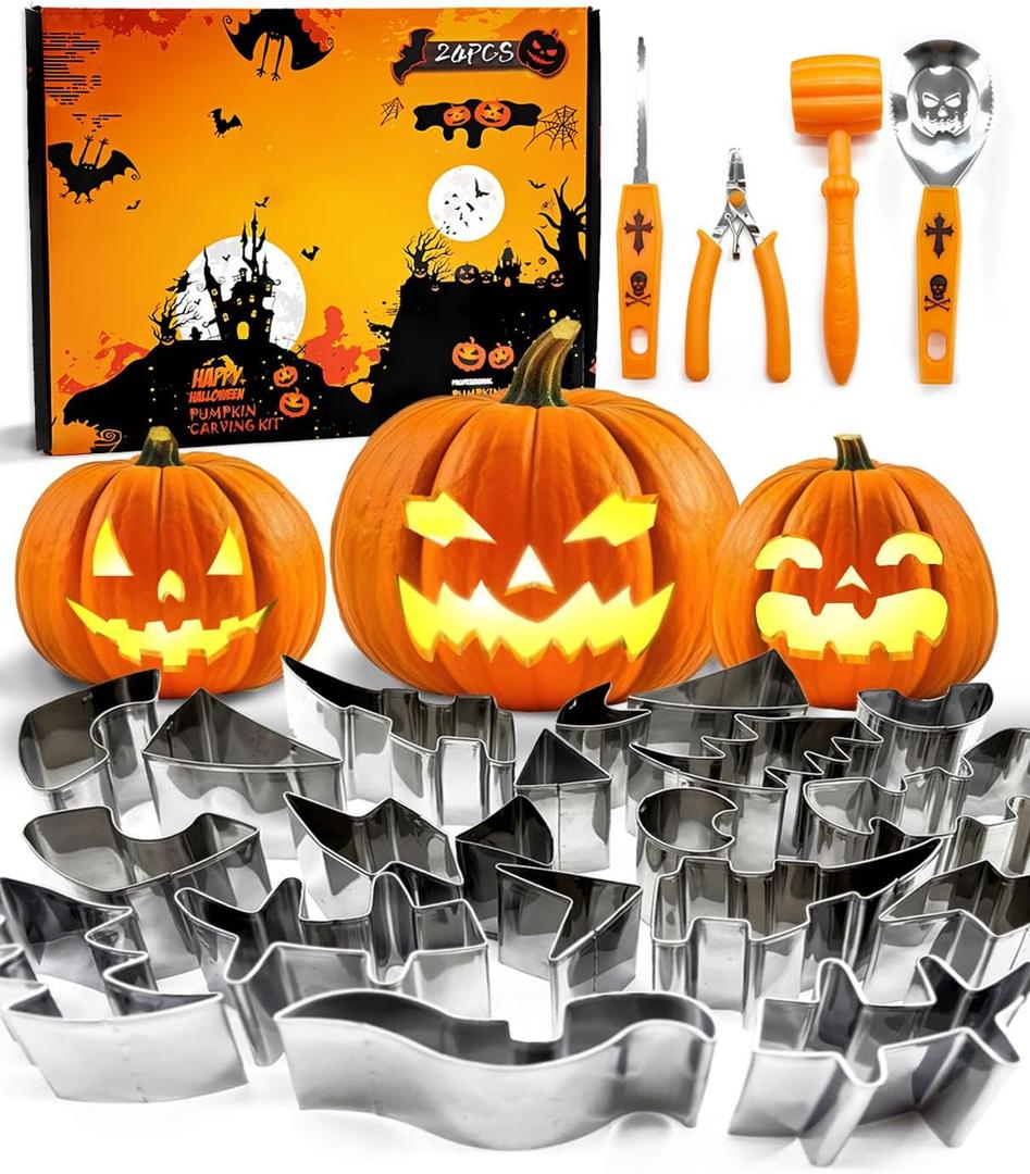 Halloween Pumpkin Carving Kit - Professional 24Pcs Stainless Steel Tools with 20 Molds & 4 Carving Tools - Safe Pumpkin Decorating Kit for Adults Kids DIY Party