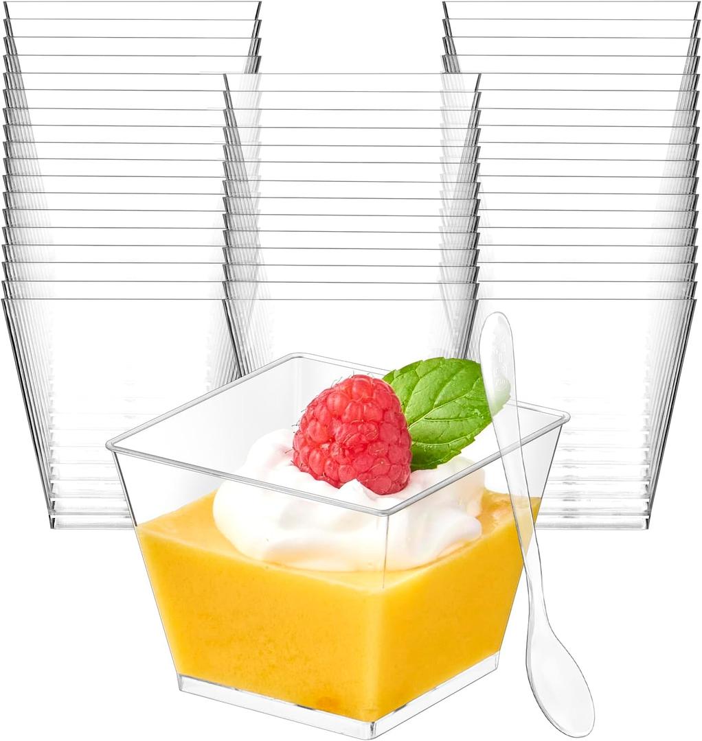 Zezzxu 4 oz Square Mini Dessert Cups with Spoons - 50 Pack Plastic Pudding & Parfait Cups Party Dessert Shooters for Serving Trifle Mousse Cake Appetizer Fruit