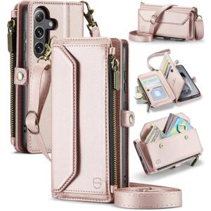 Wallet Case Compatible with Samsung Galaxy S25 Plus RFID Blocking Card Holder Soft PU Leather Magnetic Snap Strap Zipper Pocket Phone Case Fit for Galaxy S25+/ S25 Plus - Rose Gold