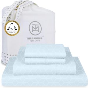 Threadmill Egyptian Cotton Queen Sheet Set | 100% Certified Egyptian Cotton Bed Sheets for Queen Size Bed | Queen Sheet Set with Deep Pocket | Soft Cooling Damask Jacquard Bedding Set | Light Blue