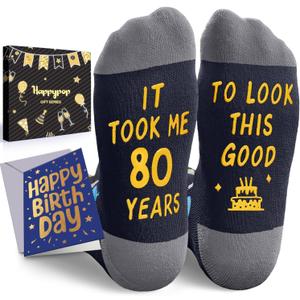 HAPPYPOP Birthday Gift Idea for Men - Socks for Senior Over 80, Present with Greeting Card (Took Me 80 Years Black)