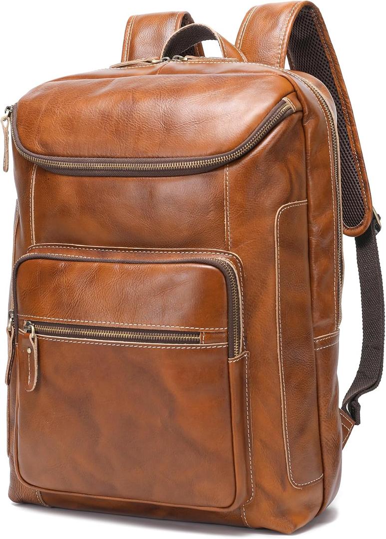 LANNSYNE Vegetable Tanned Leather Backpack For Men, 17" Laptop Backpack, Casual Outdoor Business Travel Rucksack, YKK Zippers, One Size
