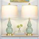 25" Green Double Gourd Ceramic Lamps Set of 2, Modern Ceramic Table Lamp for Living Room, Elegant Coastal Farmhouse Bedside Lamps for Bedroom Nightstand End Table Side Desk(2 LED Bulbs Included)
