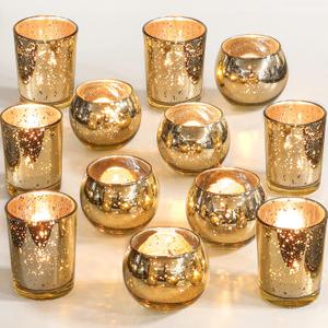 Gold Votive Candle Holders 12Pcs Assorted Gold Mercury Glass Votives Tealight Candle Holders for Table Centerpiece Wedding Bridal Shower Engagement Party Festival Holiday Home Decor