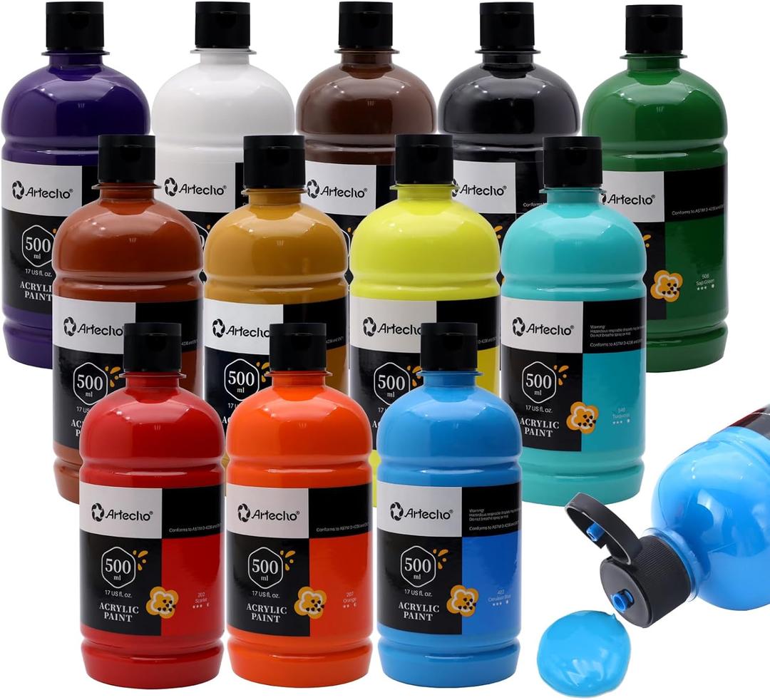 Artecho 12 Colors Large Bulk Acrylic Paint Set (500ml/17oz) Bottles, Craft Paint for Canvas, Rocks, Wood, Fabric, Ceramic, Non-Toxic
