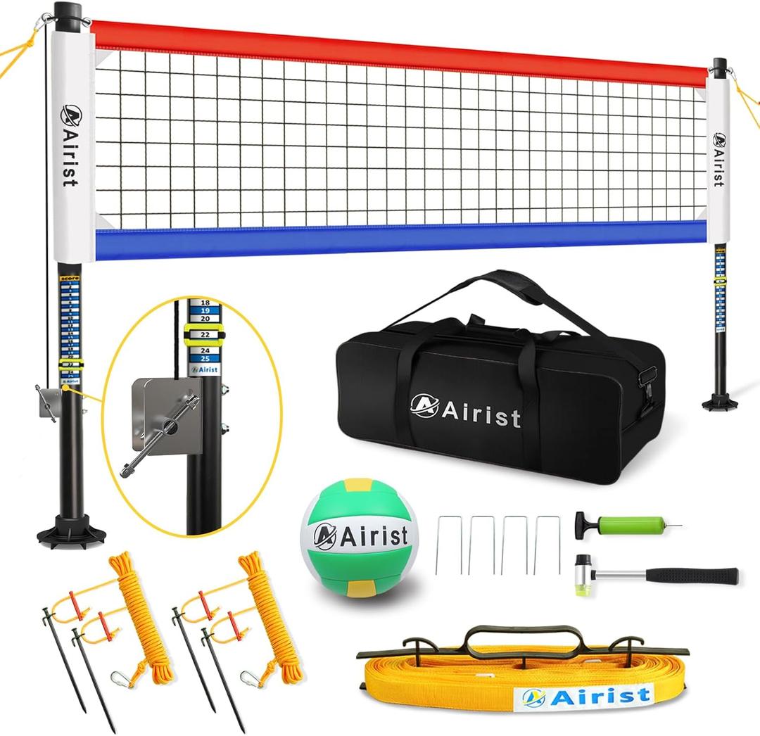 Heavy Duty Volleyball Net Outdoor with Steel Anti-Sag System, Adjustable Aluminum Poles, Professional Volleyball Nets Set for Backyard and Beach, Volleyball and Carrying Bag (Red and Blue)