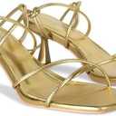 ISNOM Strappy Sandals for Women Kitten Heels Lace Up Heels Stiletto Heels Wrap Around Heels with Square Toe, 11 Size Metalgold
