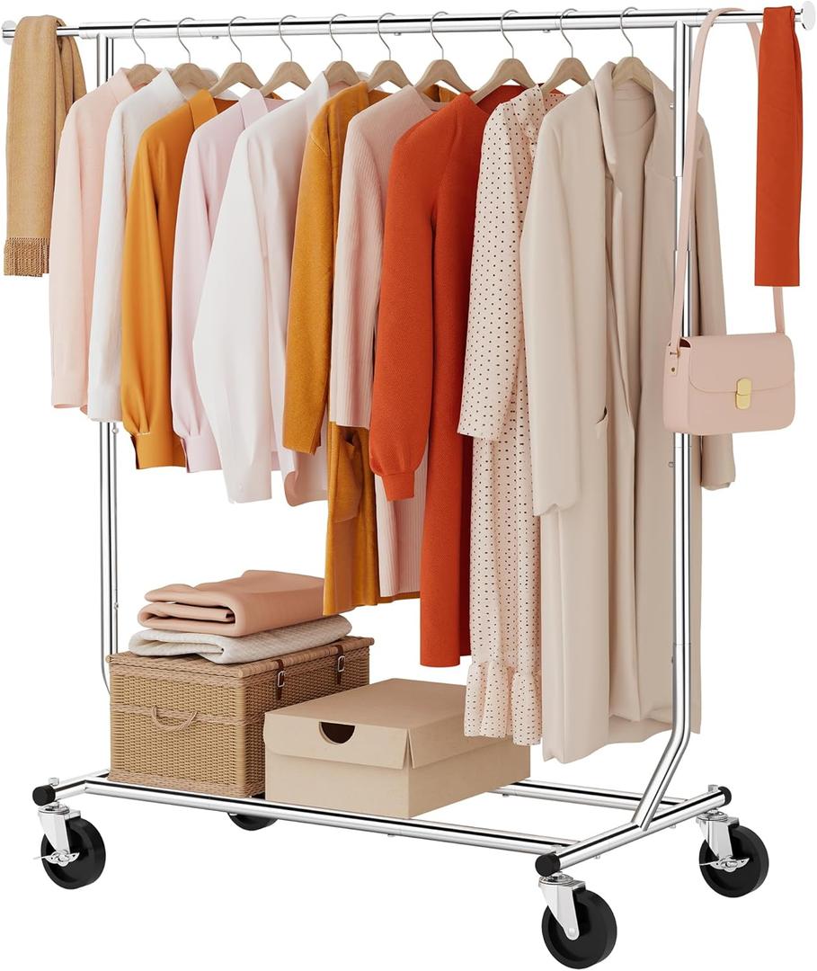 Tajsoon Clothing Rack Heavy Duty Clothes Racks Foldable Garment Rack with Wheels and Extendable Rod, Collapsible Clothing Rack Max Capacity 250lbs, Industrial Rolling Racks with Bottom Shelf, Chrome (Single Rod Commercial)