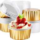 EUSOAR Disposable Ramekins Aluminum Foil, Gold 25Packs 5oz Baking Cups with Lids Mini Muffin Liners, Dessert Cheesecake Pan Oven Safe Creme Brulee Cupcake Containers for Catering Club Wedding Party