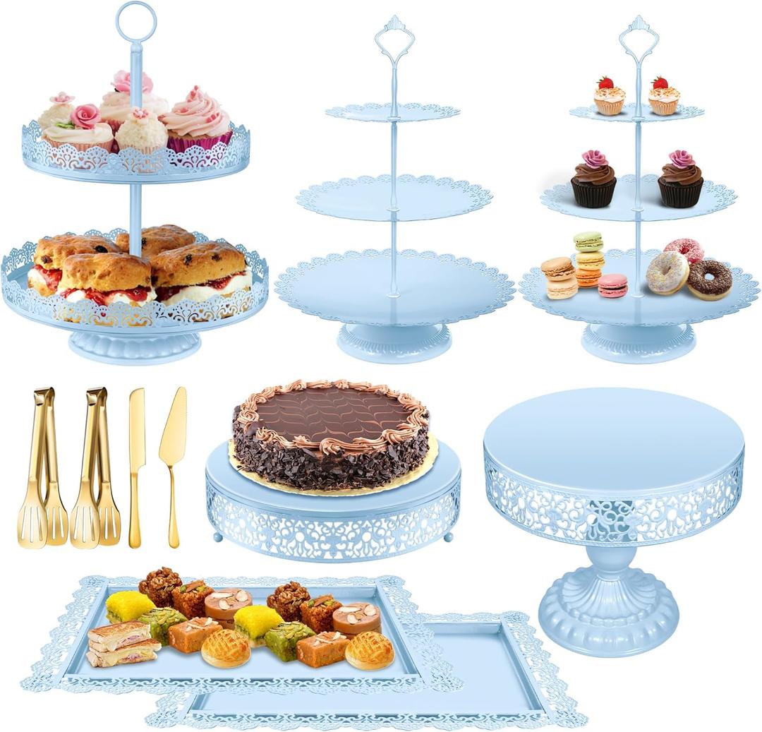 Blue Cake Stand Dessert Table Display Set, Metal Tiered Cupcake Holder Fruits Snack Donut Plate Serving Tower Tray Platter With Tong, Cake Knife and Server Set For Wedding Birthday Party Decor 11PCS