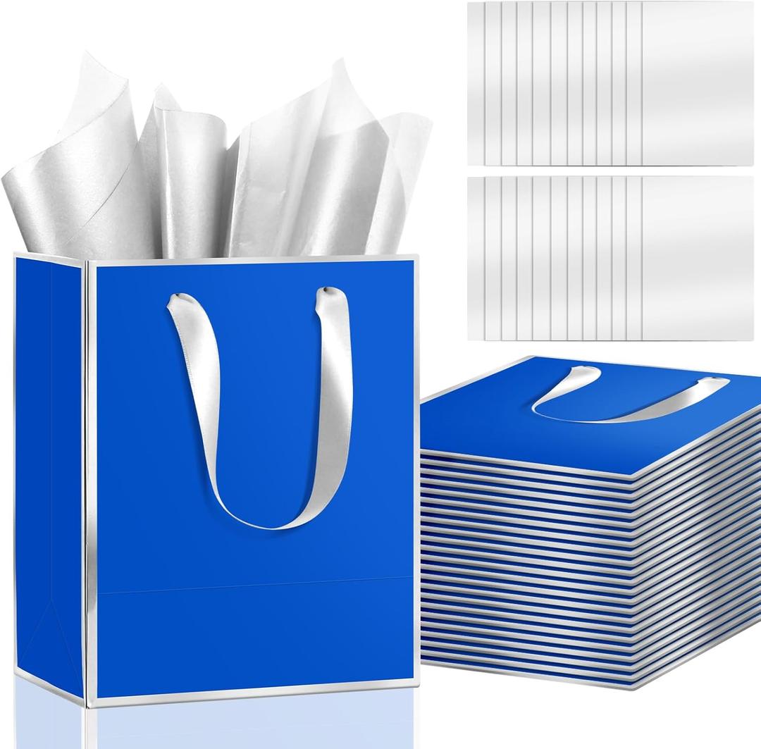 Epoesch 24Pcs Premium Metallic Paper Gift Bags with Handles & Tissue Paper  8"x5"x10" Blue with Silver Edge  Welcome Gift, Thank You Bags for Party, Wedding, Business (Royal Blue Silver, 1 Count (Pack of 24))