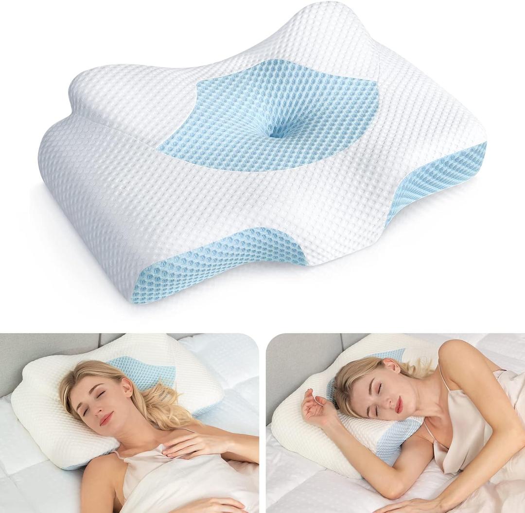 Osteo Cervical Pillow for Neck Pain Relief, Hollow Design Odorless Memory Foam Pillows with Cooling Case, Adjustable Orthopedic Bed Pillow for Sleeping, Support for Side Back Sleepers (Queen(25.5*16.5*5.2/4.1 inches), Blue)