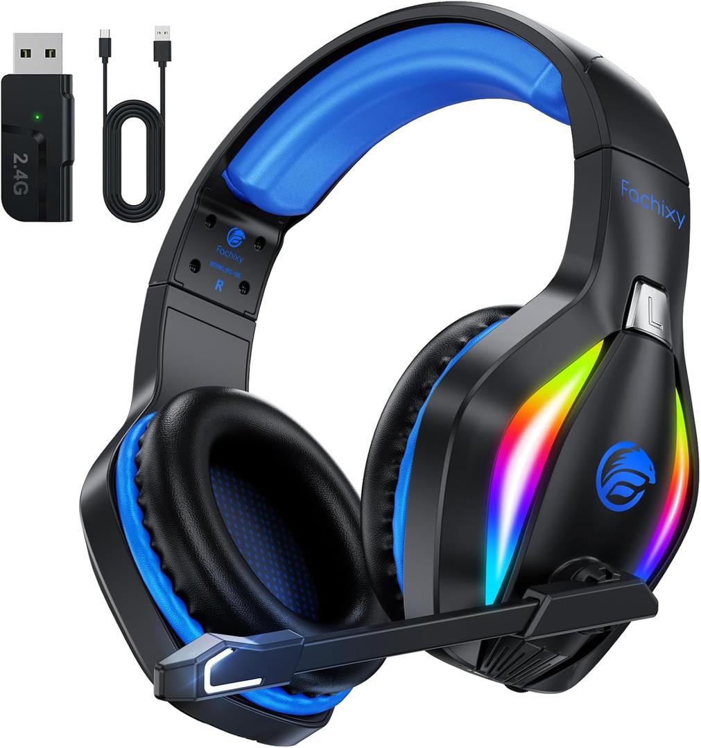 Fachixy FC-100 Wireless Gaming Headset for PS5, PS4, Switch - Gaming Headphones with Lossless Audio & 50Hrs Battery Life - Gamer Headset with Microphone for Mac, Laptop, Mobile (Blue)