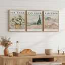 Framed Van Gogh Wall Art Set of 3, Neutral Beige and Soft Pink Canvas Prints, Vintage Landscape and Floral Paintings for Living Room Bedroom Dining Room Entryway Decor, 12x16 Inch