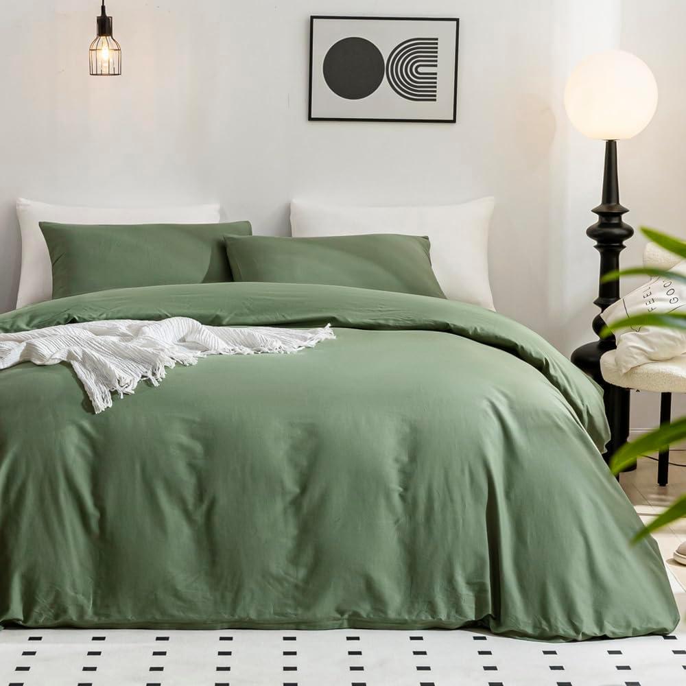 Green Duvet Cover Queen Size - 100% Washed Cotton Linen Feel Textured Comforter Cover, 3 Pieces Breathable Soft Bedding Set with Zipper Closure (Green, Queen 90"x90")
