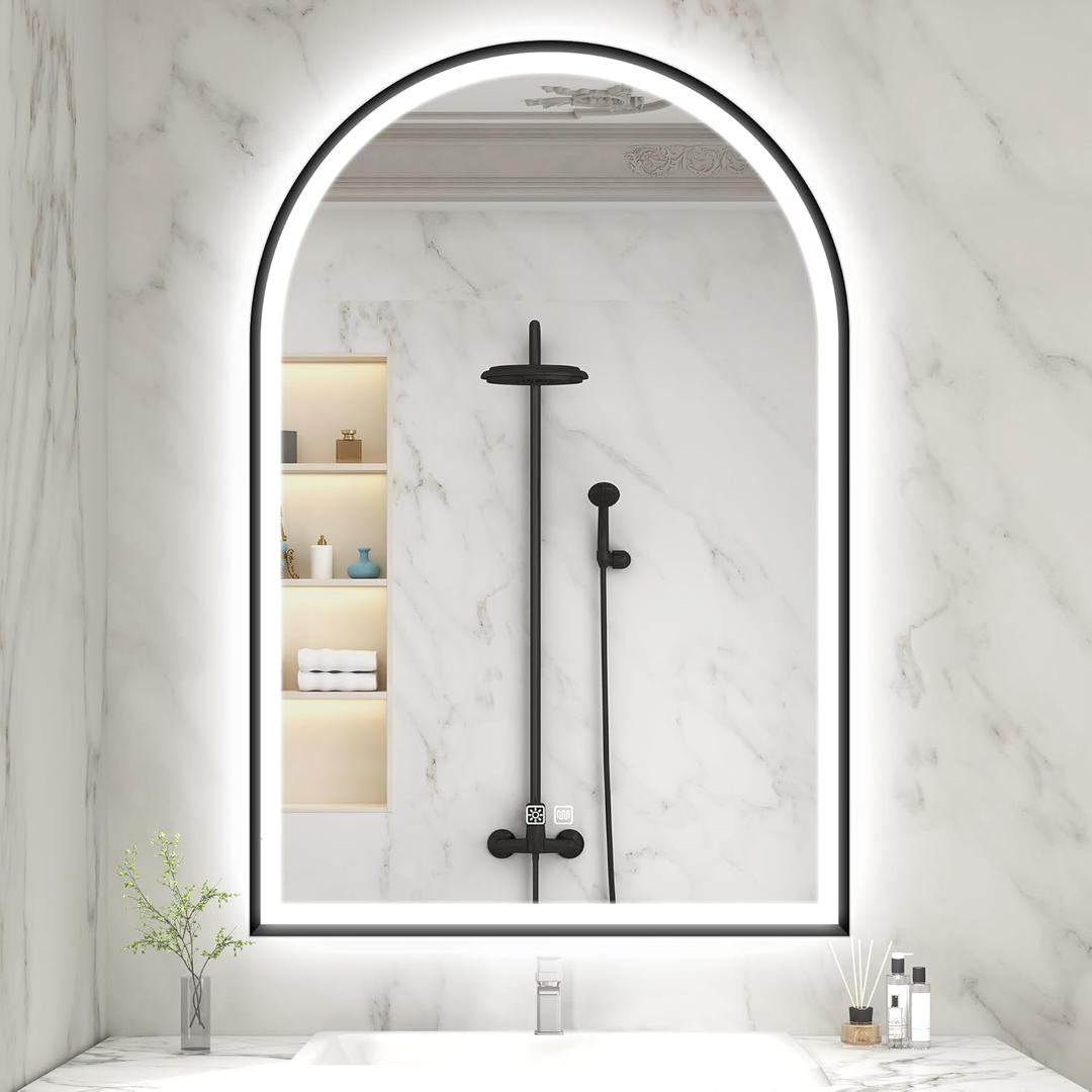 24x36 Arched Black LED Mirror for Bathroom with Frontlit & Backlit, LED Bathroom Mirror with Metal Frame, Anti-Fog, Stepless Dimmable, 3 Color Temperature