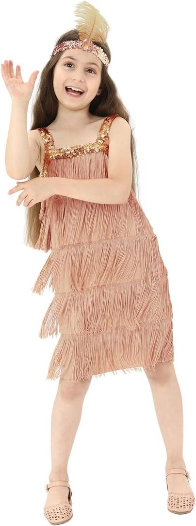 Leadtex Girl's 20s Flapper Dresses Costume Dress Childrens Party Fringed Dresses with Feather Headband,Size  (M(8-10))