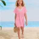 SOLY HUX Girl's V Neck Crochet Short Sleeve Beach Dress Summer Swimsuit Bikini Cover Up (Pink)