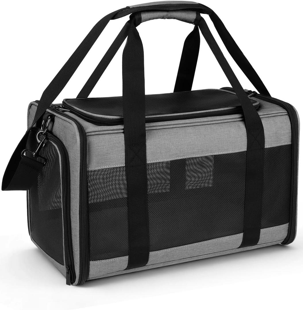 Hipubby Cat Carrier Dog Carrier for Pets Up to 16 Lbs, Soft-Sided Pet Travel Carrier for Cats and Small Dogs, Airline Approved Pet Carrying Case with Shoulder Strap & Removable Mat - Grey