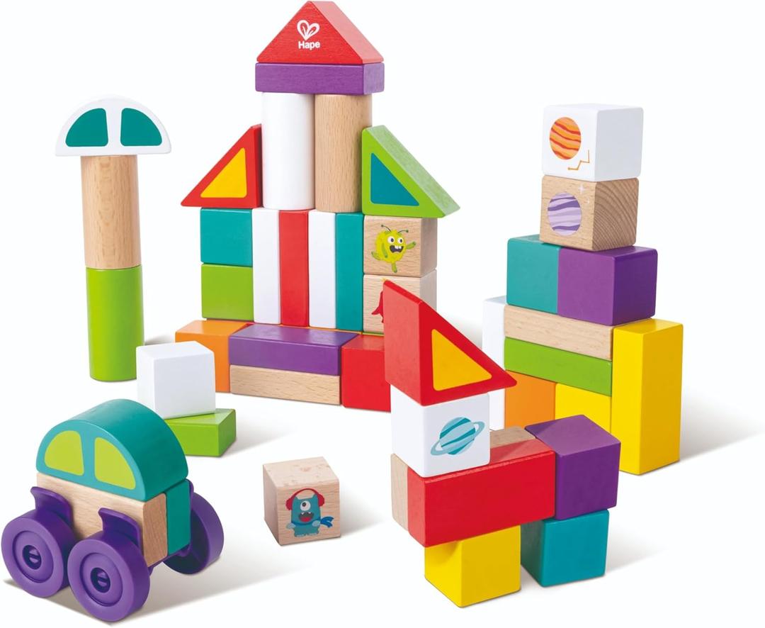 Hape: Space Monster Stacking Blocks - 54pc Wooden Colorful Various Shapes Set, Wheels to Build A Car, Stack & Play Toy, Kids, Toddlers & Baby Ages 1+