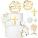 9 Pcs Mi Primera Comunion Cake Topper Gold Cross and Dried Flower Decor Set First Holy Communion Baptism Cake Pick Religious God Bless Baptism Cake Decoration for Celebration Milestones Decor