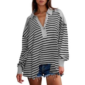 Tankaneo Womens Oversized Striped Sweatshirts Long Sleeve Polo Shirt Cotton Loose Fit Henley Tops Tankaneo Womens Oversized Striped Sweatshirts Long Sleeve Polo Shirt Cotton Loose Fit Henley Tops