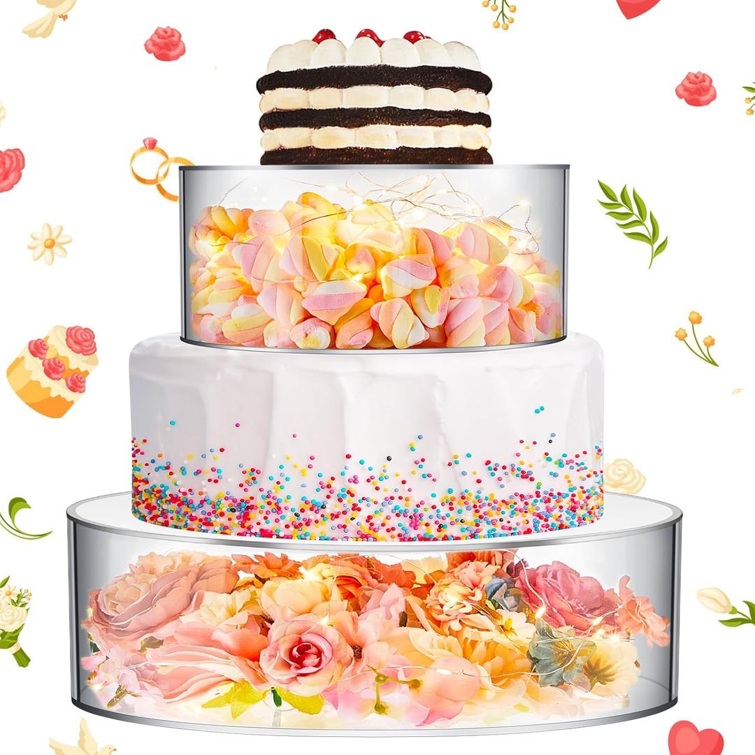 Sunnyray 2 Pcs Acrylic Cake Stands for Dessert Table Clear Fillable Cake Riser Cupcake Tier with LED Strings for Birthday Wedding Holiday Party Display(14'', 16'')