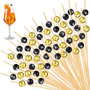Hushee 300 Pcs Cocktail Picks Disco Ball Decorative Toothpicks for Appetizers Fancy Bamboo Skewers for Drinks Wedding Disco Party Decorations 70s 80s 90s Party Supplies(Gold, Black)