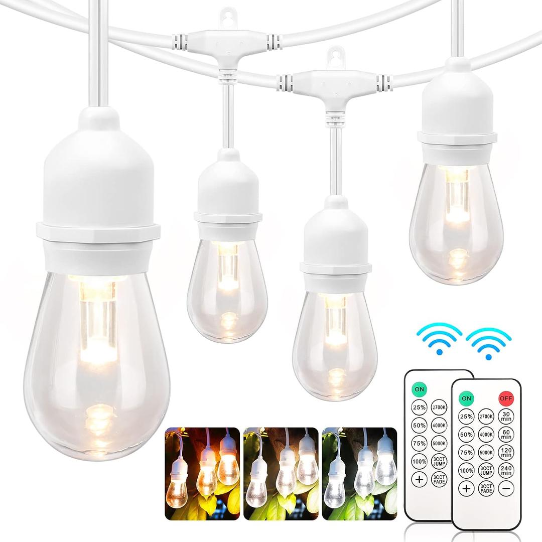 Mlambert 3 Color Outdoor LED Dimmable String Lights for Patio with Remote, Plug in 48FT Waterproof Shatterproof LED Bulb Light for Cafe-White Cord