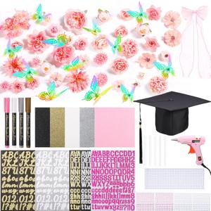 Knitgrip 2025 DIY Graduation Cap Decoration Kits with Grad Cap,Glitter Cardstock,Faux Flowers,3D Butterfly,Ribbon Bow,Rhinestone Alphabet Stickers,Paint Marker,Glue Gun for Grad Hat Topper(Pink)