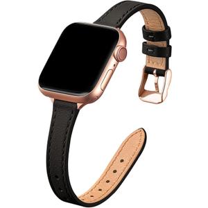 STIROLL Slim Leather Bands Compatible with Apple Watch Band 38mm 40mm 41mm 42mm(Series 11 10), Top Grain Leather Watch Thin Wristband for iWatch SE 9 8 7 6 5 4 3 2 1 (Black Rose Gold)