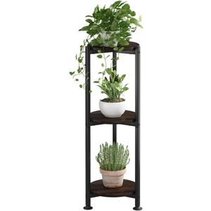 Plant Stand Indoor Outdoor 2 Tier Tall Metal Corner Storage Tiered Plant Shelf Holder Multiple for Living Room Balcony Garden,Black (3 Tier-Black Oak Round)