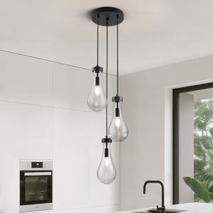 Raindrop Pendant Light Fixtures 3 Lights Black Pendant Lights Black Glass Pendant Lighting Clear Solid Glass Pendant Light Modern Hanging Chandeliers for Entryway Foyer Kitchen Island Living Room (D8.7")