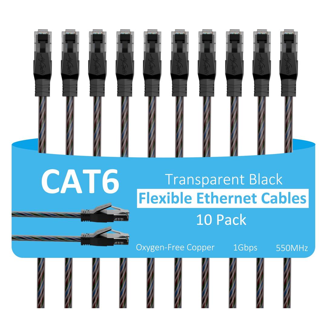 Cat6 Ethernet Cable 3 FT (10-Pack), Snagless Cat 6 Patch Cable, Upgraded Transparent Flexible PVC Jacket, OFC Oxygen-Free Copper, 1Gbps, Internet Network Cable, Cat6 Cables, UTP, Black Cable -10 Pack