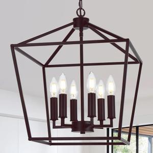 MELUCEE 16 Inches Farmhouse Chandelier 6-Light Oil Rubbed Bronze Cage Hanging Lights Rustic Lantern Pendant Lighting for Kitchen Island Dining Room Foyer Hallway, E12 Base
