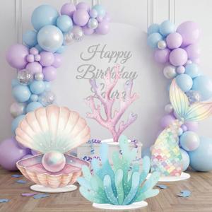 Novabright 4 Pcs Large Mermaid Birthday Decorations Mermaids Photo Booths Props Under The Sea Baby Shower Party Decoration Plastic Clam Shell, Coral, Stand Mermaid Tail Ocean Cutouts Party Decor