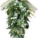 Svndlyn Lighted Artificial Spring Summer Teardrop Swag 25 Inch Eucalyptus and Magnolia Wreath with White Berries, Gypsophila & Farmhouse Striped Bow Floral Arrangement for Door Wall Mantel Window