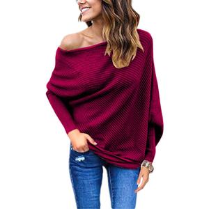 GOLDSTITCH Women's Off Shoulder Batwing Sleeve Loose Pullover Sweater Knit Jumper Oversized Tunics Top (Medium, Red)