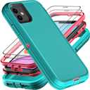for iPhone 11 Case, Military Grade 3 in 1 Heavy Duty Shockproof/Drop Proof/Dust Proof Case with 2Pcs Tempered Glass Screen Protector (Aqua Blue/Pink)