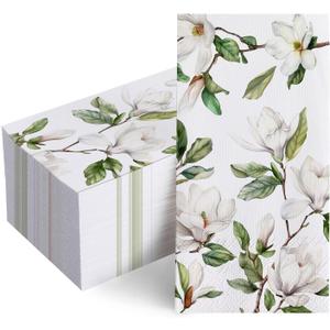 2 x 100 PCS Spring Summer Magnolia Flower Disposable Paper Napkins, Floral Bathroom Hand Towels Decorative Dinner Guest Napkin, Botanical Kitchen Dinning Table Party Decor 8 x 4 Inches