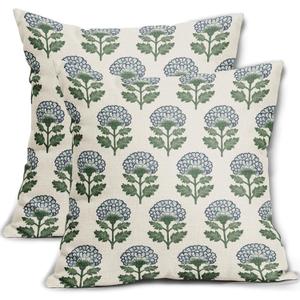 Blue Green Floral Block Print Pillow Covers 18x18 Set of 2 Flower Pattern Cream Spring Summer Decorative Throw Pillowcases Outdoor Rustic Farmhouse Cushion Cases Decor for Home Couch Sofa Bed