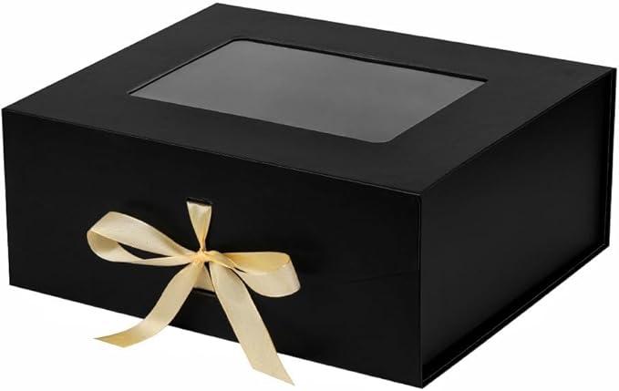 Black Gift Box for Presents with Ribbon 13.2x11x5.3 Inches Clear Gift Box with Window Magnetic Closure Gift Boxes with Lids