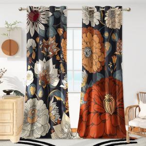 100% Blackout Black Boho Floral Curtains 108 Inches Extra Long for Bedroom Mid Century Botanical Black Out Curtains Room Darkening Grommet Top Thermal Insulated Window Drapes 2 Panels,52Wx108L