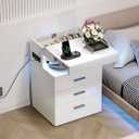 Treocho Led Nightstand with Hidden Space, Modern Night Stand with Charging Station, 3 Drawer Smart Nightstand with Glossy Finish, Tall Bedside Table with RGB Lights for Bedroom, White