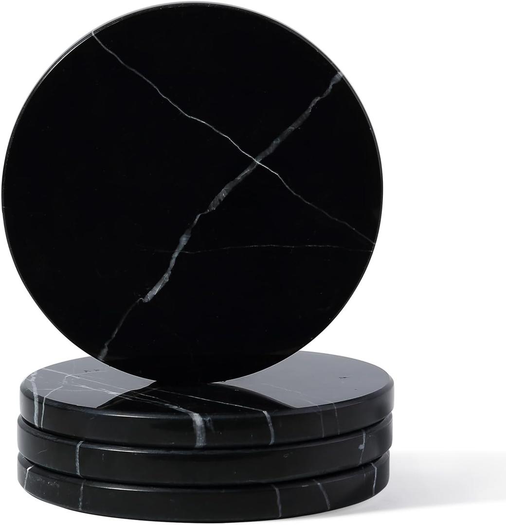 Koville Marble Coaster Set of 4, Round Coasters, 4" Stone Coaster for Drinks Coffee, White Marble Coasters for Coffee Table Home Bar Decor, Heat Resistant, Gift Choice(Black)
